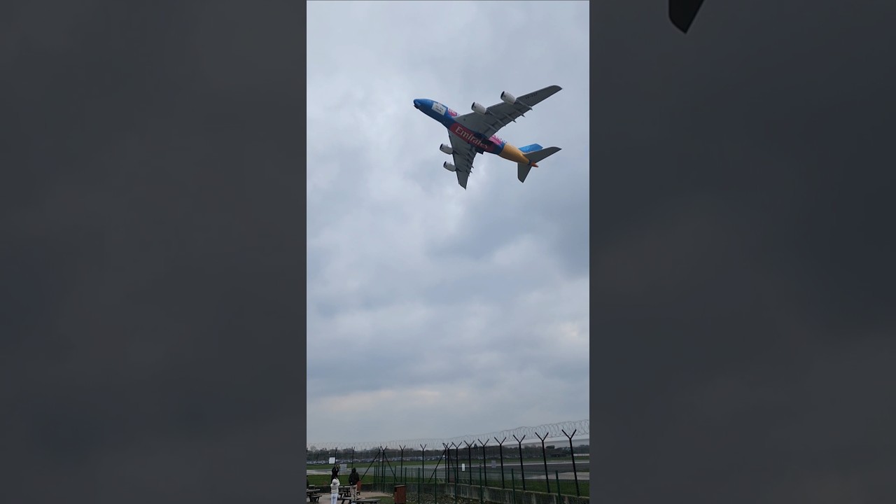 Beautiful Emirates A380 Blue Whale VISIT DUBAI departing from Manchester MAN Airport Pub