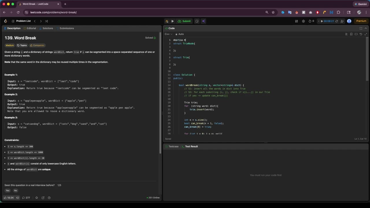 139. Word Break - C++ (hash table, hash map, prefix tree, trie, string, dynamic programming)