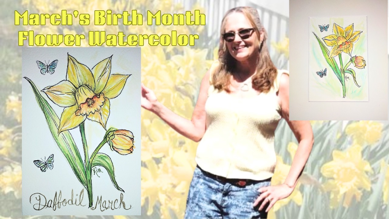 Нарцисс, цветок, родившийся в марте, акварельный рисунок.