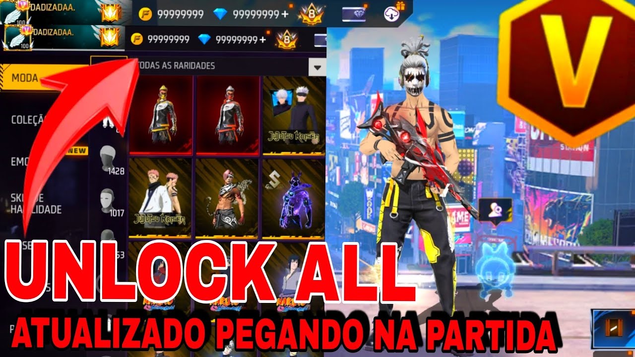 UNLOCK ALL ATUALIZADO COM TODAS SKINS DO FREE FIRE DOWNLOAD UNLOCK ALL VIP PEGANDO NA PARTIDA