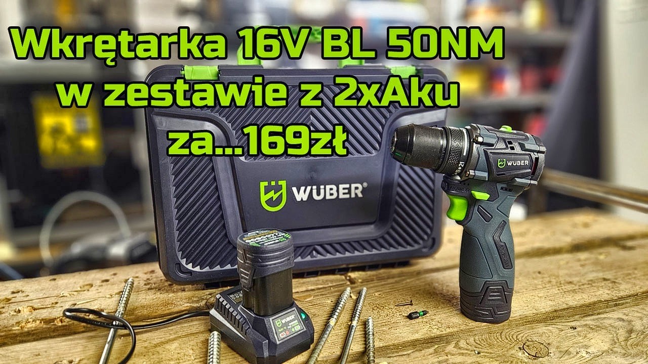 Wkrętarka Wuber 16V Bezszczotkowa 50NM - Zestaw z 2x Aku 1.5AH + Ładowarka - TEST