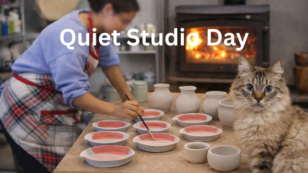 Quiet Studio Day | Glazing Pottery, Cozy Fire, and Studio Cats
