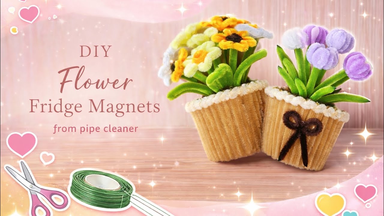 Diy : Flower fridge magnets pipe cleaner | Tutorial tempelan kulkas magnet kawat bulu