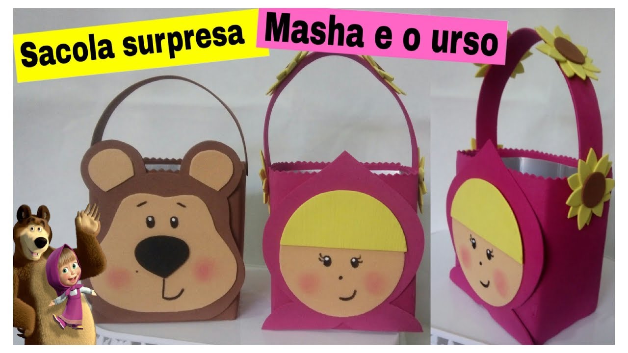 Sacola surpresa com caixa de leite e EVA (Masha e o urso)