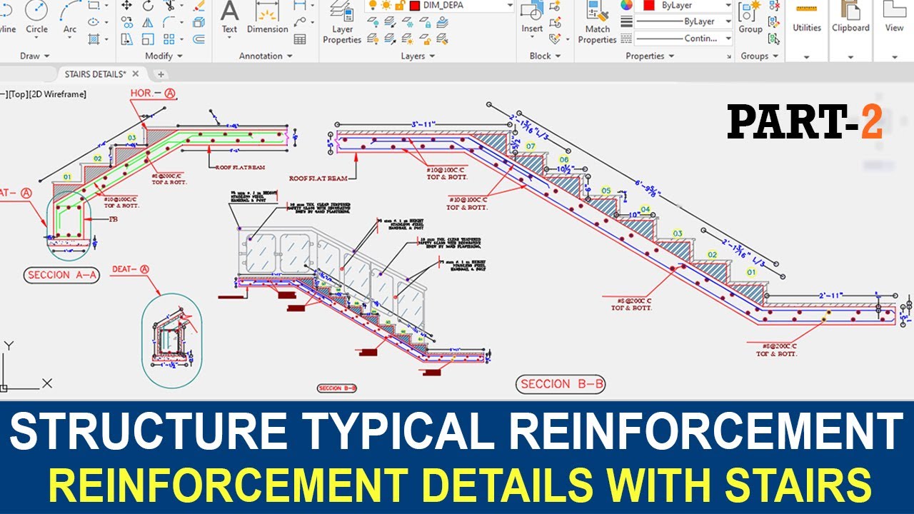 Stair Reinforcement Design in AutoCAD 2020 || Staircase Reinforcement Details Drawing| |PART 1😃😃😃