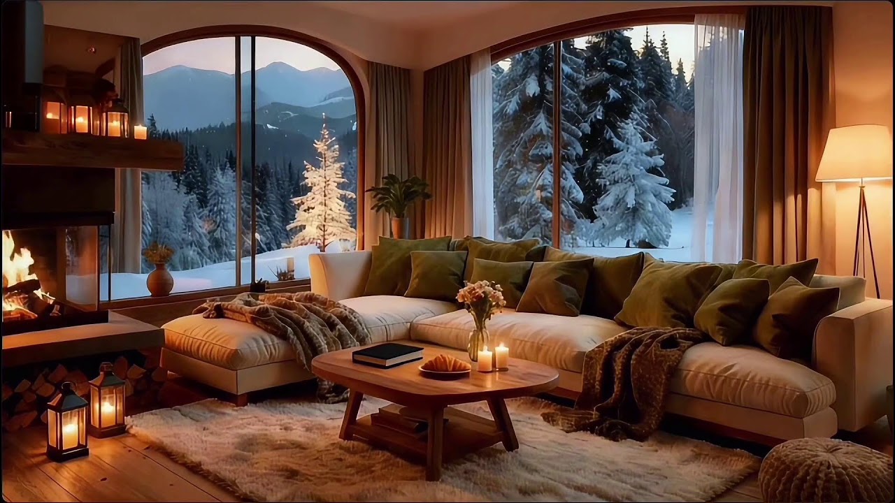Calm Jazz & Fireplace Sounds for Study, Work ☕ Soft Winter Jazz in Snowy Cabin Ambience