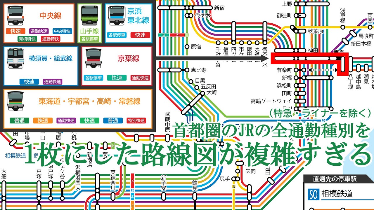 東京のJRの「普通」「快速」「通勤快速」などの停車駅を1枚に表した結果がこちらです。