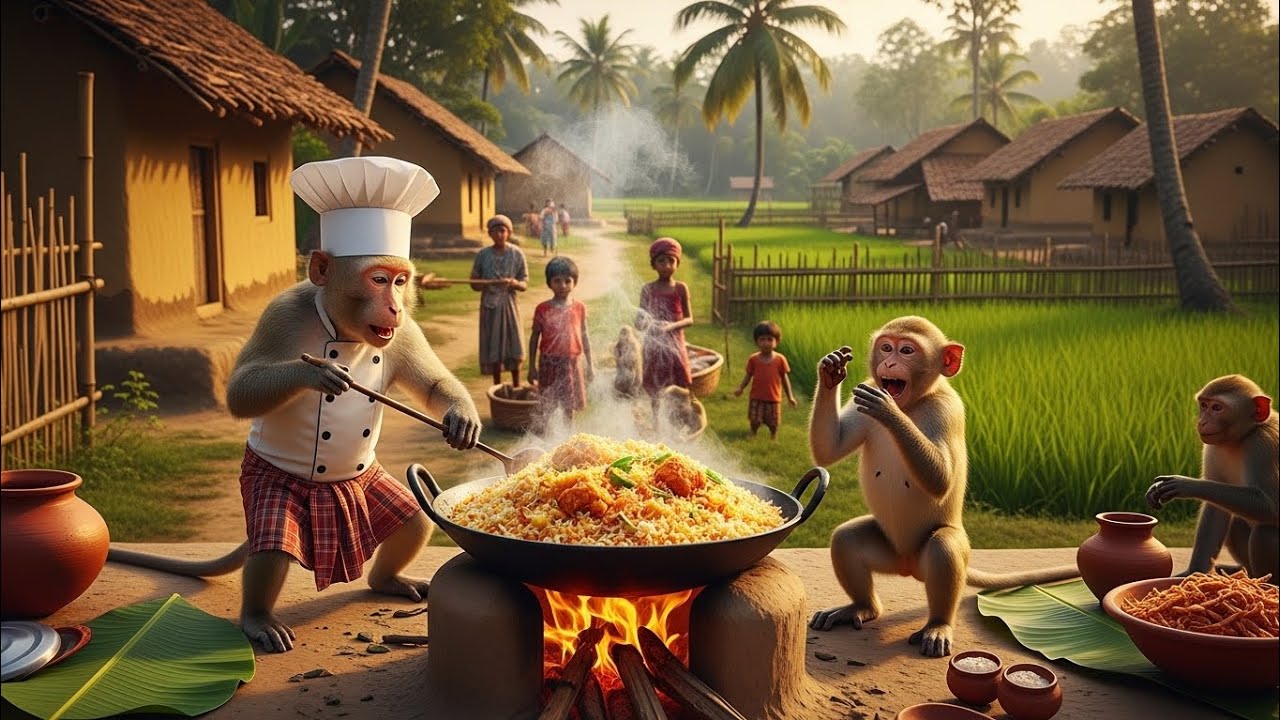 बंदर शेफ ने बनाई 100KG Giant Biryani | Jungle Village Mega Cooking