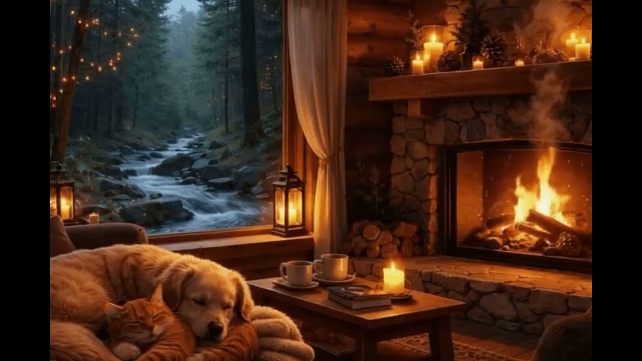 Cozy cabin Fireplace & Soft Music Ambience-Relaxing Music