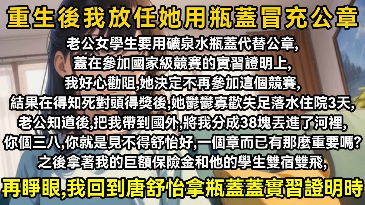 老公女學生要用礦泉水瓶蓋代替公章，蓋在參加國家級競賽的實習證明上，我好心勸阻，她決定不再參加這個競賽，結果在得知死對頭得獎後，她鬱鬱寡歡失足落水住院3天，老公知道後，把我帶到國外將我分成38塊丟進河裡