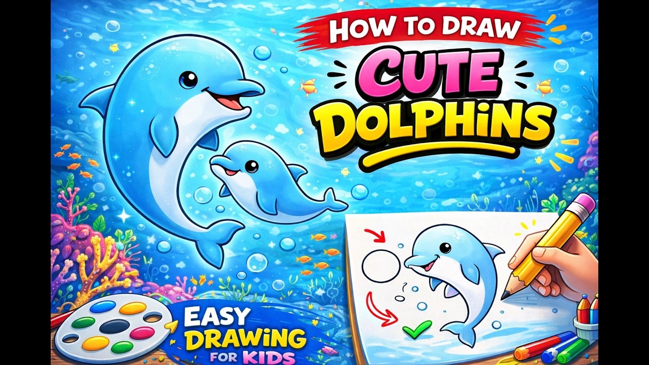 Super Cute Dolphin Mom & Baby| Easy Drawing Tutorial for Kids & Beginners!!
