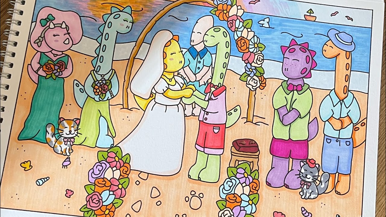 Colorazione in ASMR 🖌️🦕 #8 Matrimonio - Dinosauri fanno cose da colorare (Summer Edition 2024)