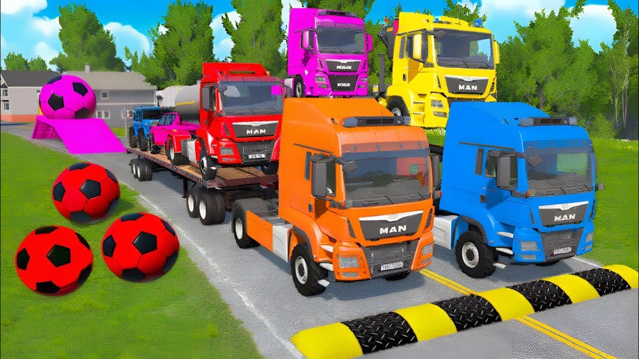 Flatbed Trailer McQueen Transportation with Truck - Speedbumps vs Cars vs Train - BeamNG.Drive #16