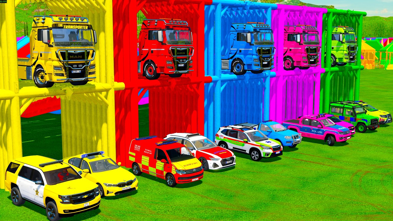 TRANSPORTING ALL POLICE CARS and AMBULANCE EMERGENCY VEHICLES WITH MERCEDES POLICE TRUCKS ! FS22