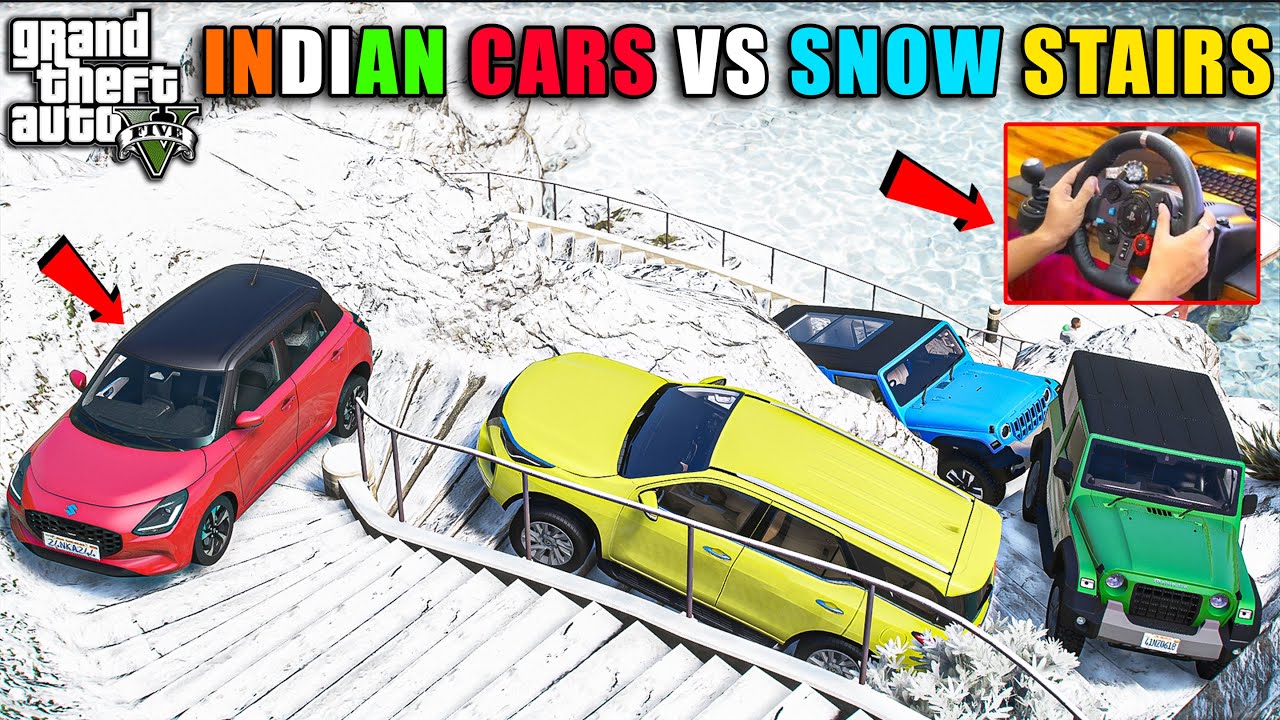 GTA 5 : TOP INDIAN CARS VS SNOW FALL STAIRS CHALLENGE WITH LOHITECH G29 IN 2025 OMG!