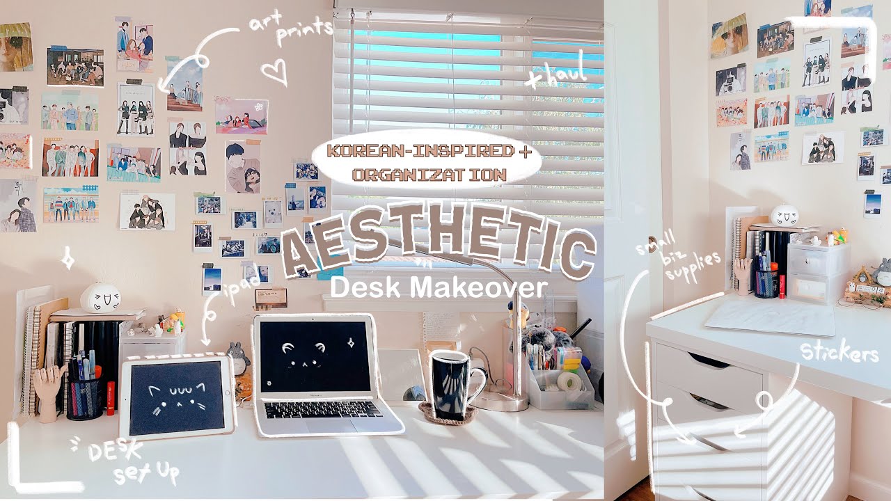 aesthetic desk makeover 🍓organization | Minimalistic Korean Inspired 🍒+ Unboxing🧋✨