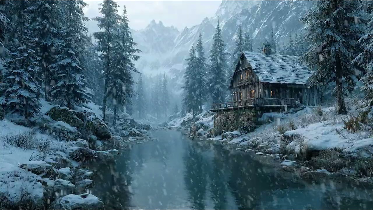 A Frozen Night Scene Covered in Soft Falling Snow | Calm Wind Ambience for Long Deep Sleep
