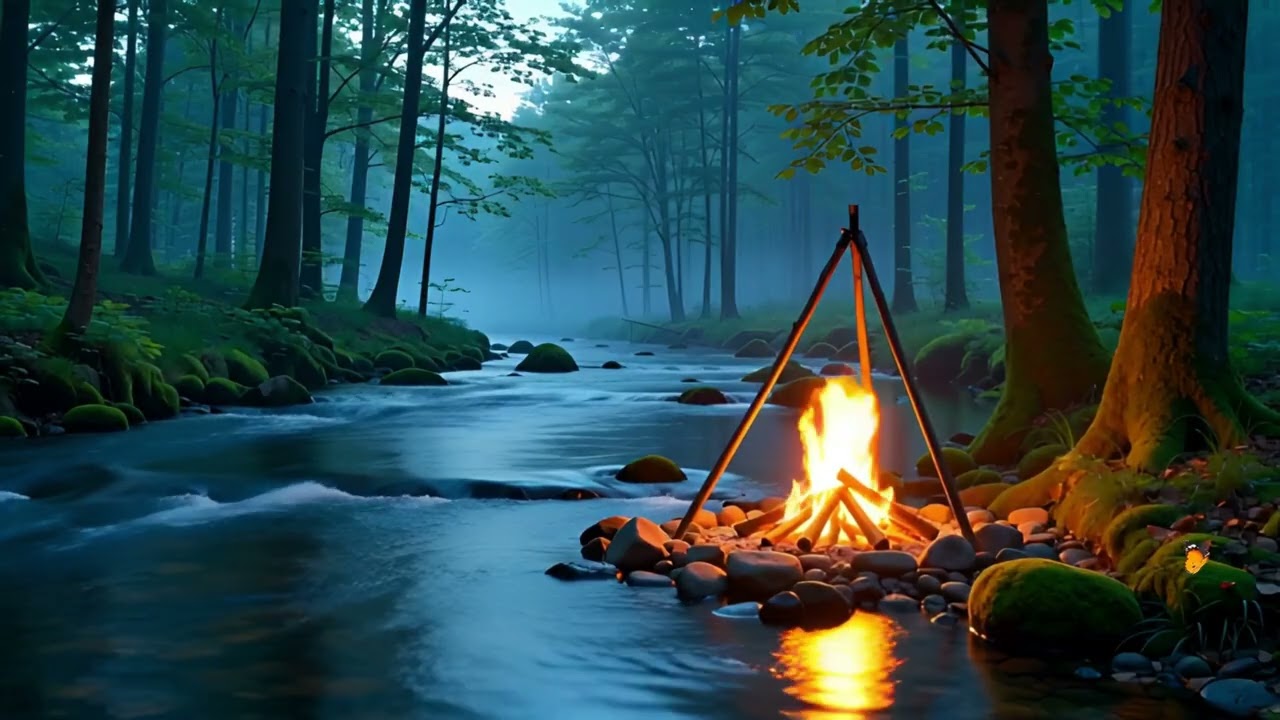 Misty Forest Campfire by the River 🌲🔥 | Cozy Night Ambience for Sleep
