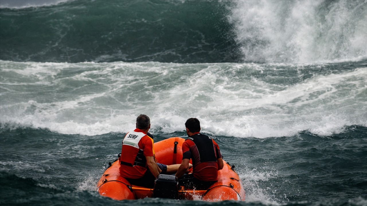 Little Red Inflatable Is Dwarfed By Big Waves at River Entrance!