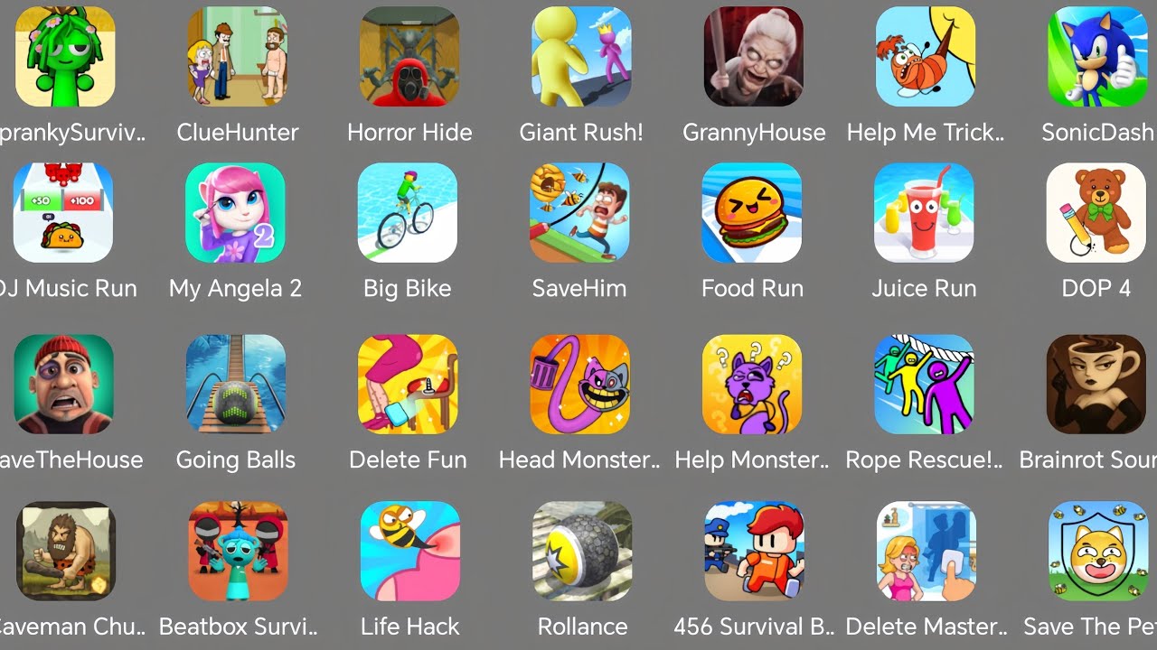 Spranky Survival,Clue Hunter,Roblox,Horror Hide,Sonic dash,Save Him,Juice Run,Going Ball,Big Bike 