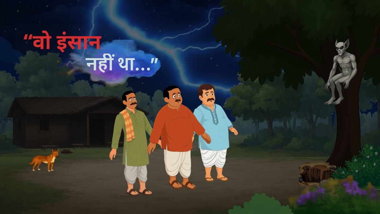 उस रात पेड़ पर जो बैठा था… वो इंसान नहीं था 😱 | Rainy Village Horror Story | cartoon story