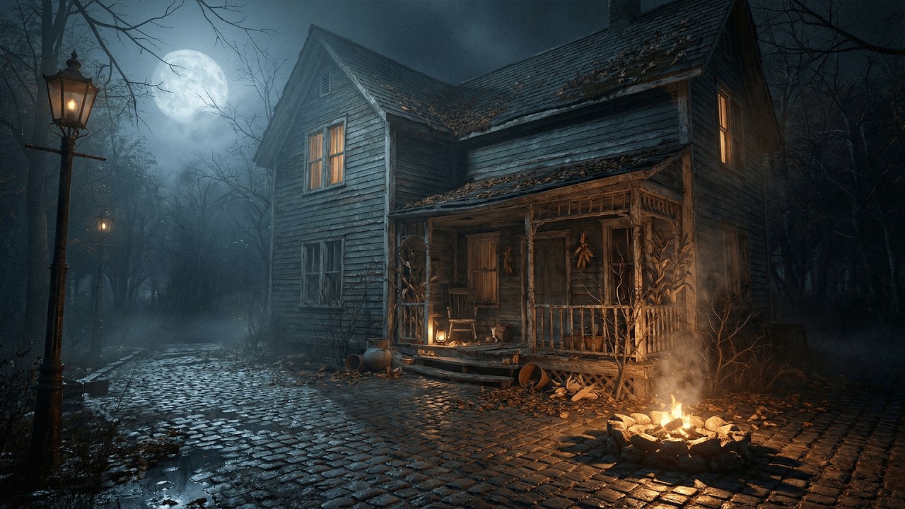Abandoned Gothic House at Midnight 🌙 Crackling Fire & Crickets, Foggy Night Ambience
