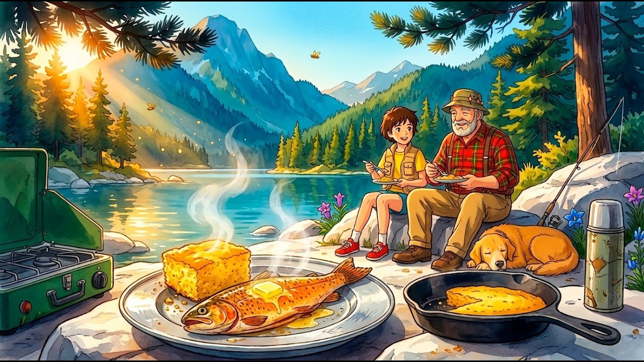 🎣First Catch, Last Summer | Trout, Cornbread & Mountain Lake Fishing with Grandpa | Ghibli Vibe ASMR
