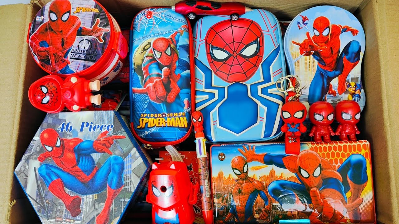 Unboxing Satisfying Spiderman Stationery📚 Geometry Box, Lunchbox, Colouring kit, Sharpener, Pen