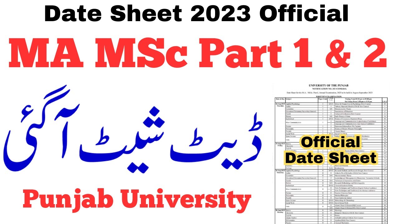 MA MSc Part 1 & 2 Official Date Sheet 2023 PU