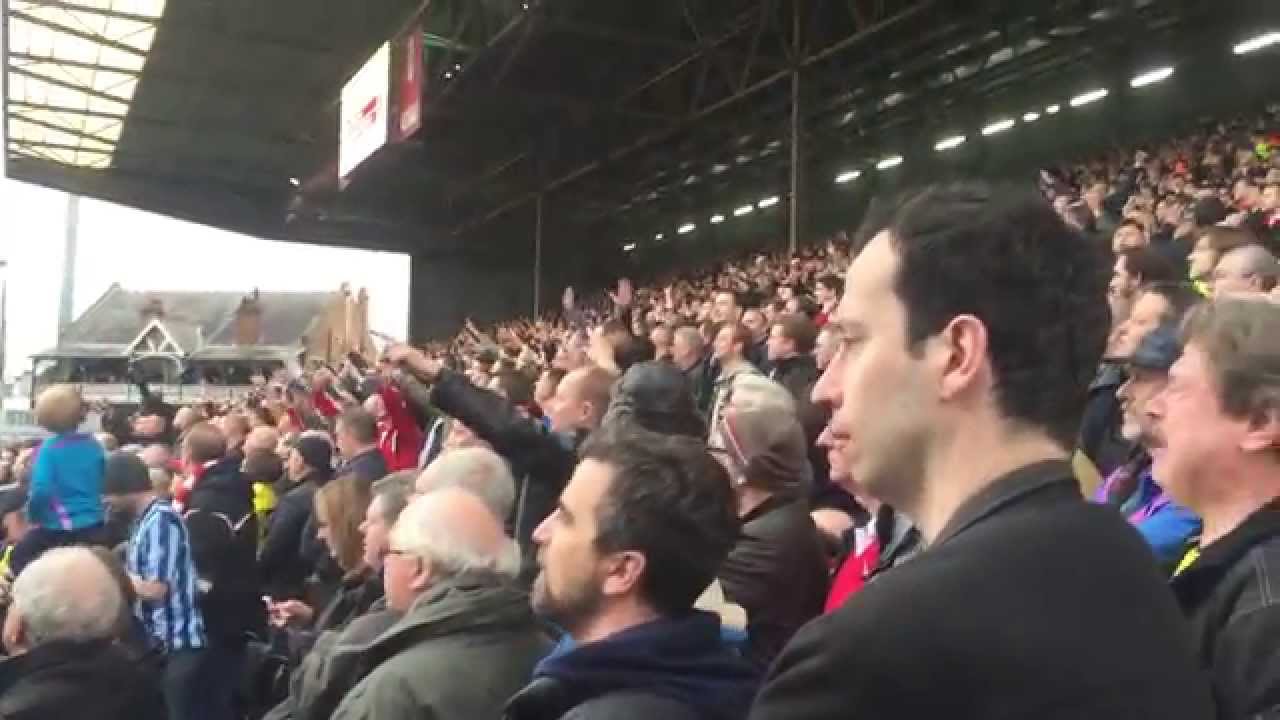 Bees Up, Fulham Down. Brentford supporters at Craven Cottage. 3rd April 2015