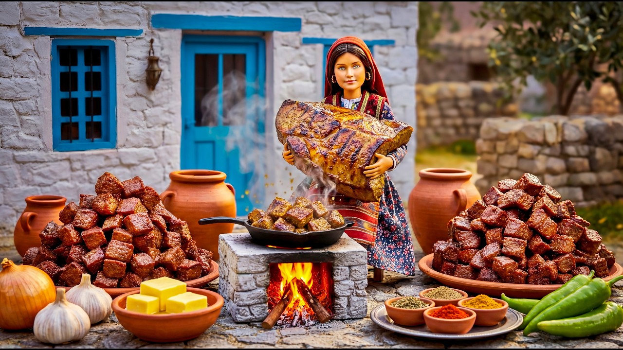Miniature Doll Cooks Beef Liver Over Open Fire ASMR | Village Tiny Kitchen