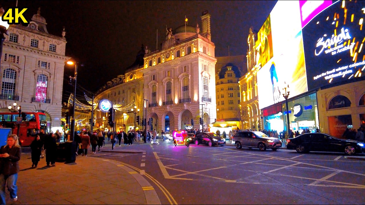 4K London Night Walk (Christmas Markets, Leicester Square, Piccadilly Circus, Central London) 60FPS