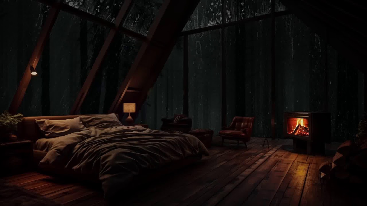 A calm forest night where rain moves slowly around a secluded wooden cabin