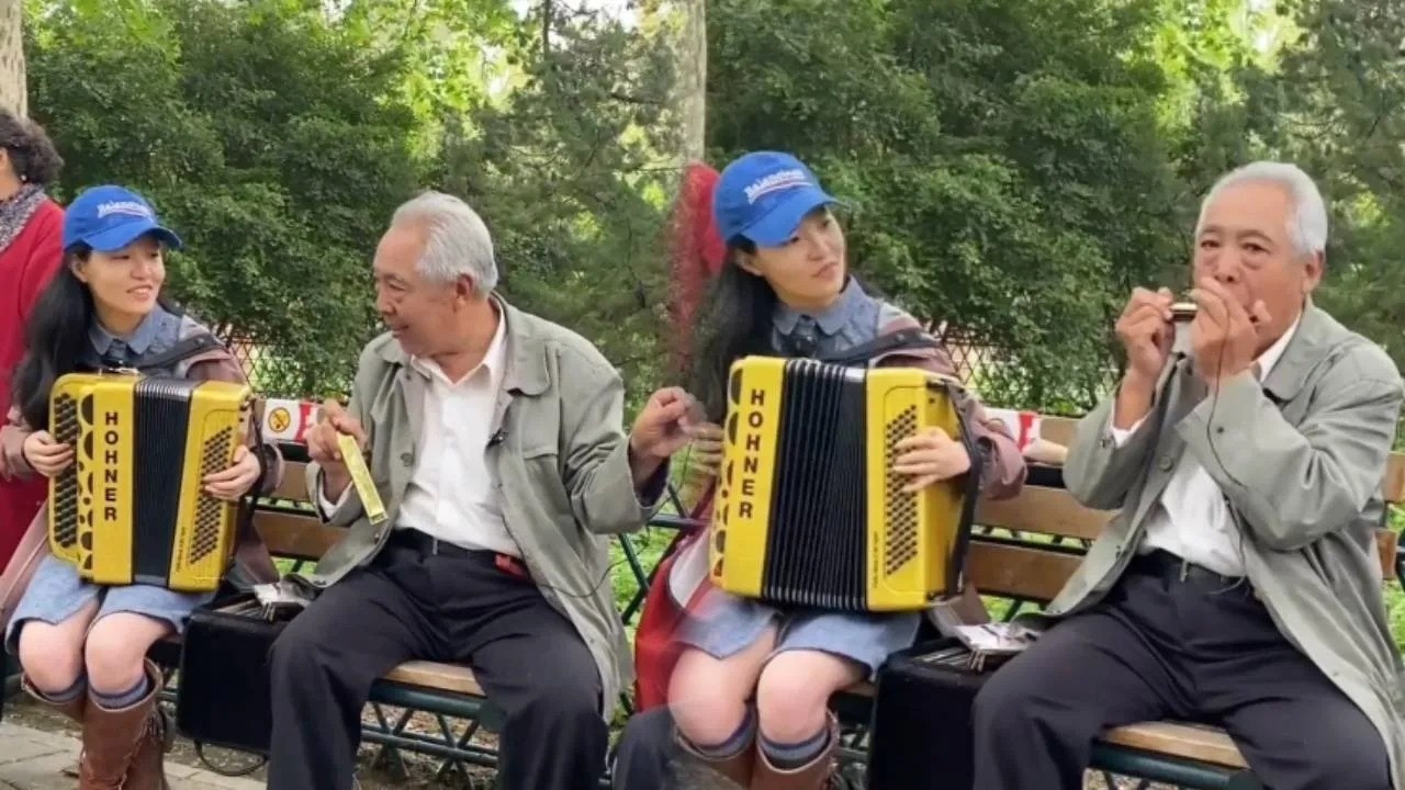 手风琴女孩公园盘大爷，今天终于盘到“棒冰”大爷了，把我们安排的明明白白！【李楚然手风琴】