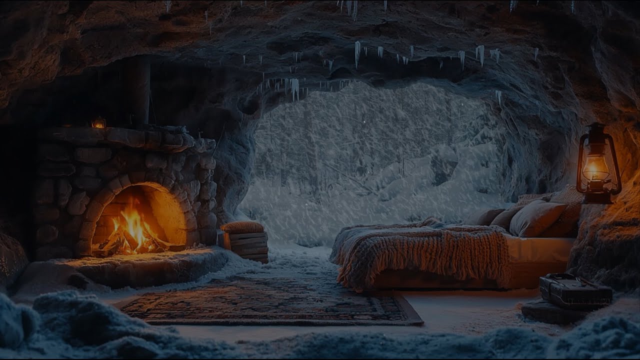 Snowy Cave Cabin with Crackling Fire 🔥 Cozy Winter Ambience for Sleep, Study & Relax