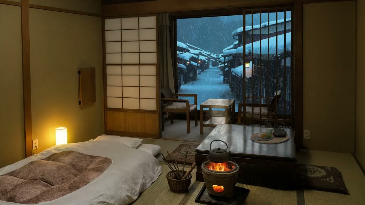 When Fire Meets Snow❄️ Peaceful Japanese Ambience with Fire Sounds & Snowfall for Sleep & Meditation