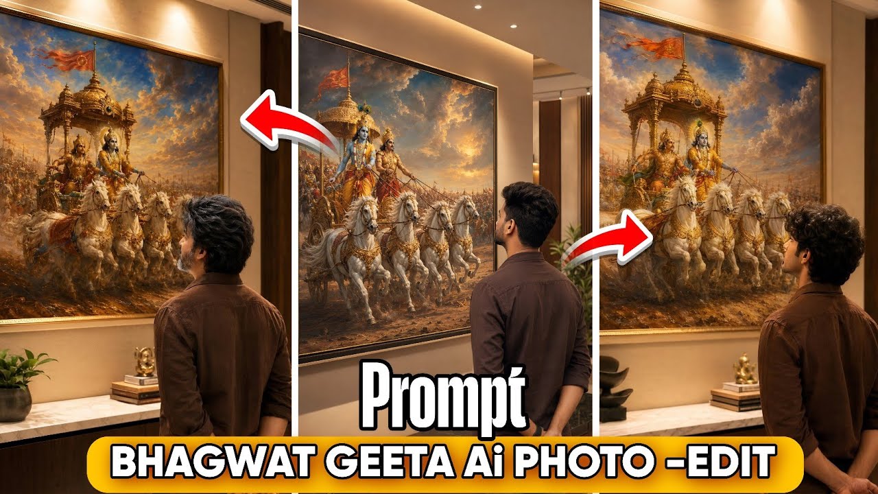 Bhagwat Geeta Wall Ai Photo Editing | Krishna Wall Painting Ai Photo Editing | God Photo Edit Prompt