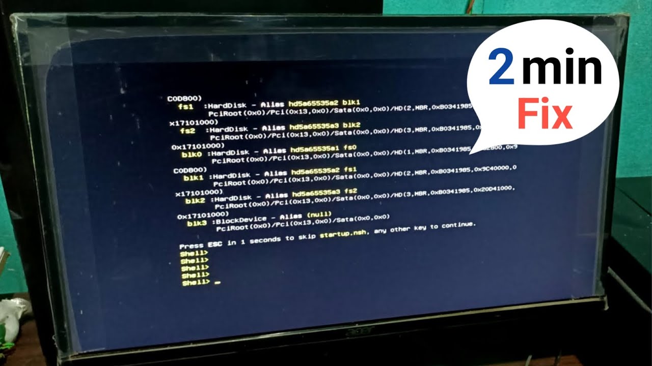 Press esc in 1 second to skip startup.nsh any other key to continue /EFI Shell version 2.70 Solution