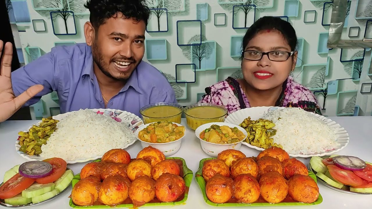 20 eggs curry, mixed veg, dal and rice eating challenge.. husband wife eating challenge