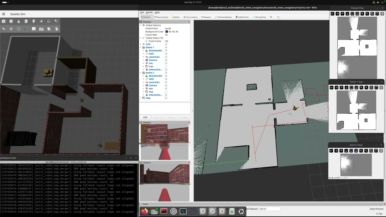 Multi-robot map merging with TF in ROS2 Jazzy and Gazebo Harmonic