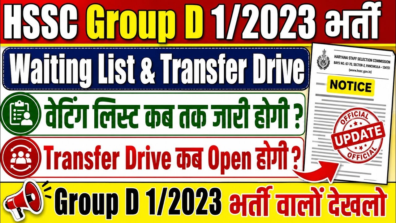 HSSC CET Group D 1/2023 Recruitment | Waiting List & Transfer Drive | Group D 1/2023 Candidates M...