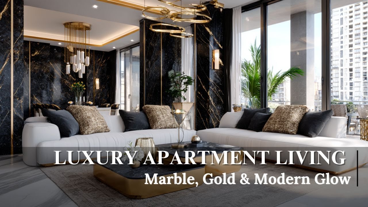 Luxury Apartment Interior Design  Elegant Marble, Gold Accents & Statement Modern Lighting