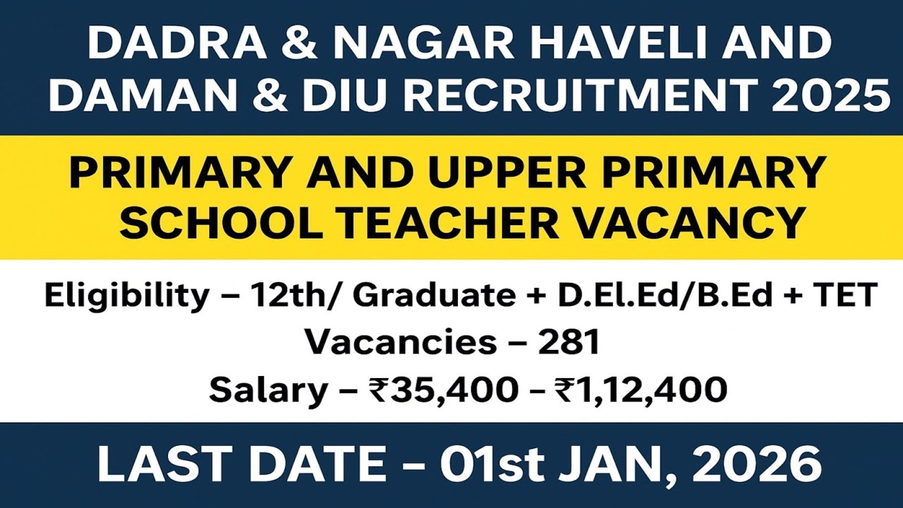 Dadra & Nagar Haveli & Daman & Diu Teacher Recruitment 2025 | 281 Vacancy | Apply Now |