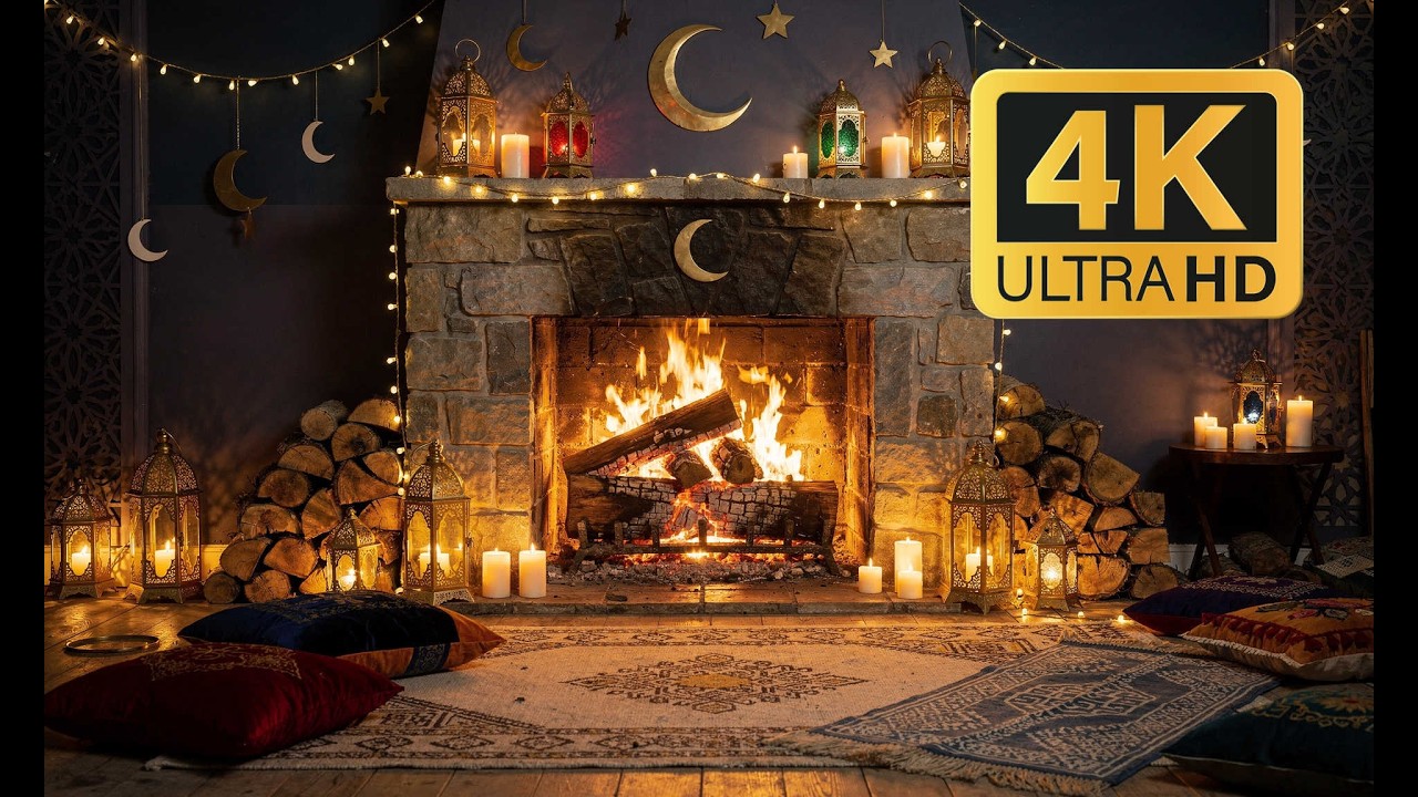 12H Ramadan Night Fireplace 4K 🌙 Lantern Light & Peaceful Crackling Fire (No Music)
