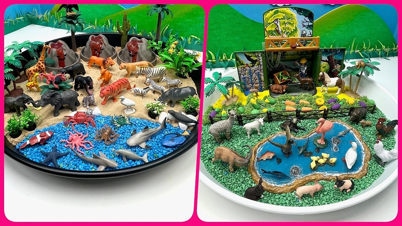 2 Mini World In 2 Black White Tray | Wildlife Animals In Volcano Island  And Farm Animals