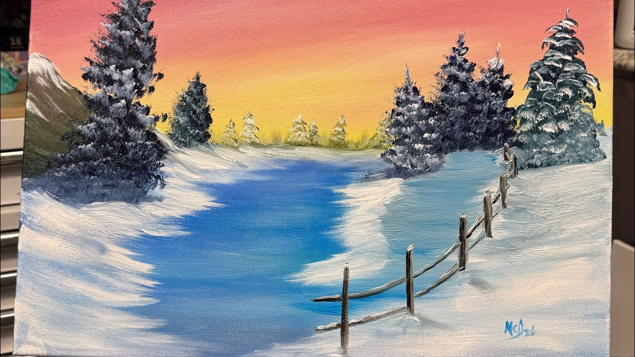 24-Today I’m using acrylic paint like oil paint. Painting a winter scene 