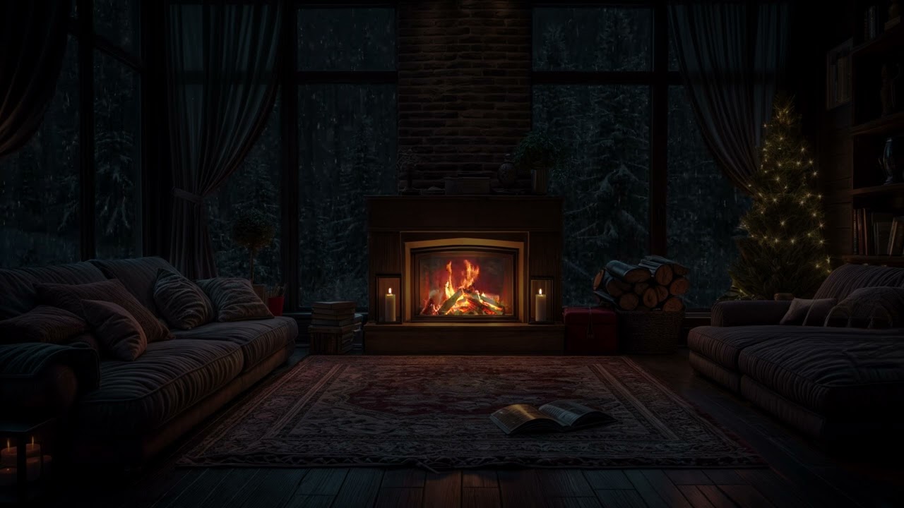Cozy Winter Cottage: Fireplace Crackling & Snowstorm Sounds for Deep Sleep and Relaxation