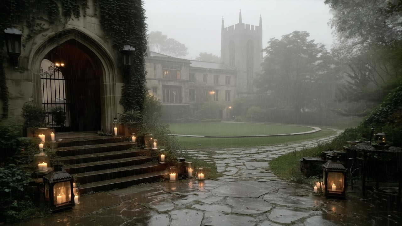 “The Manor in Quiet Rain” — Candlelit Evening Within Old Stone Walls | Dark Academia