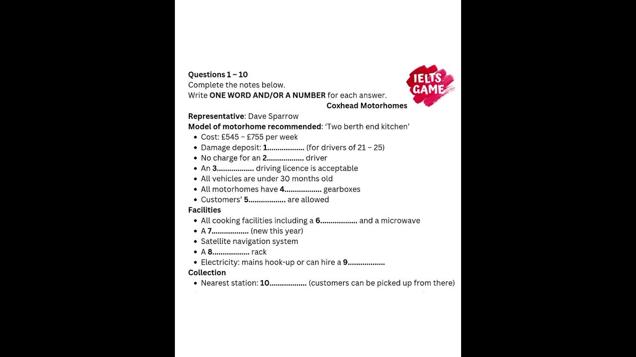 Coxhead Motorhomes | IELTS Listening Real Test Part 1