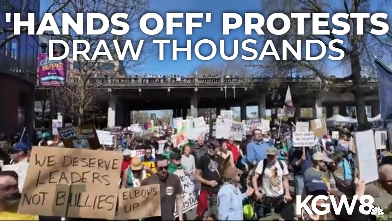 Thousands gather at Portland waterfront as part of 'Hands Off' protests against Trump administration